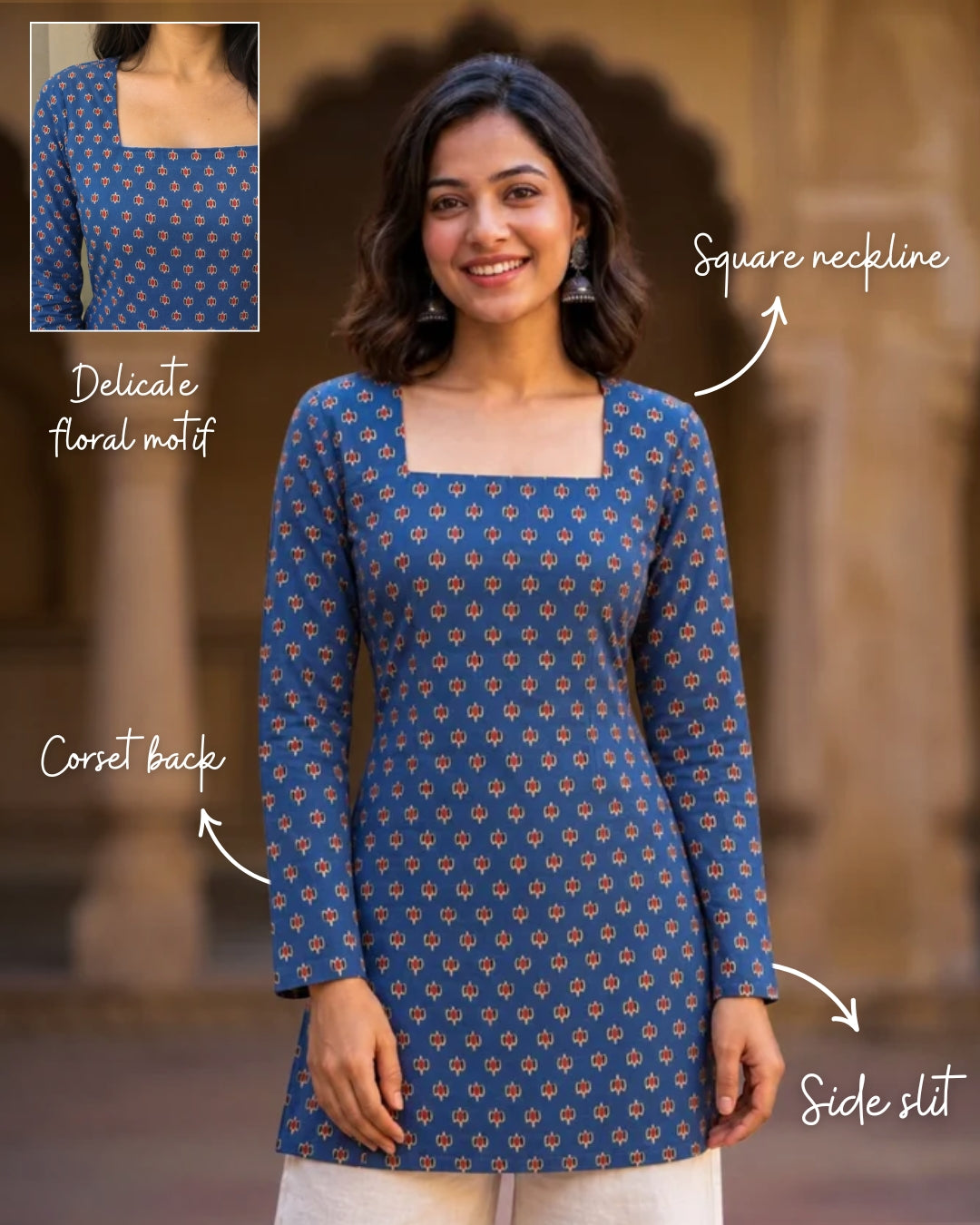 Carol Blue Cotton Short Kurti