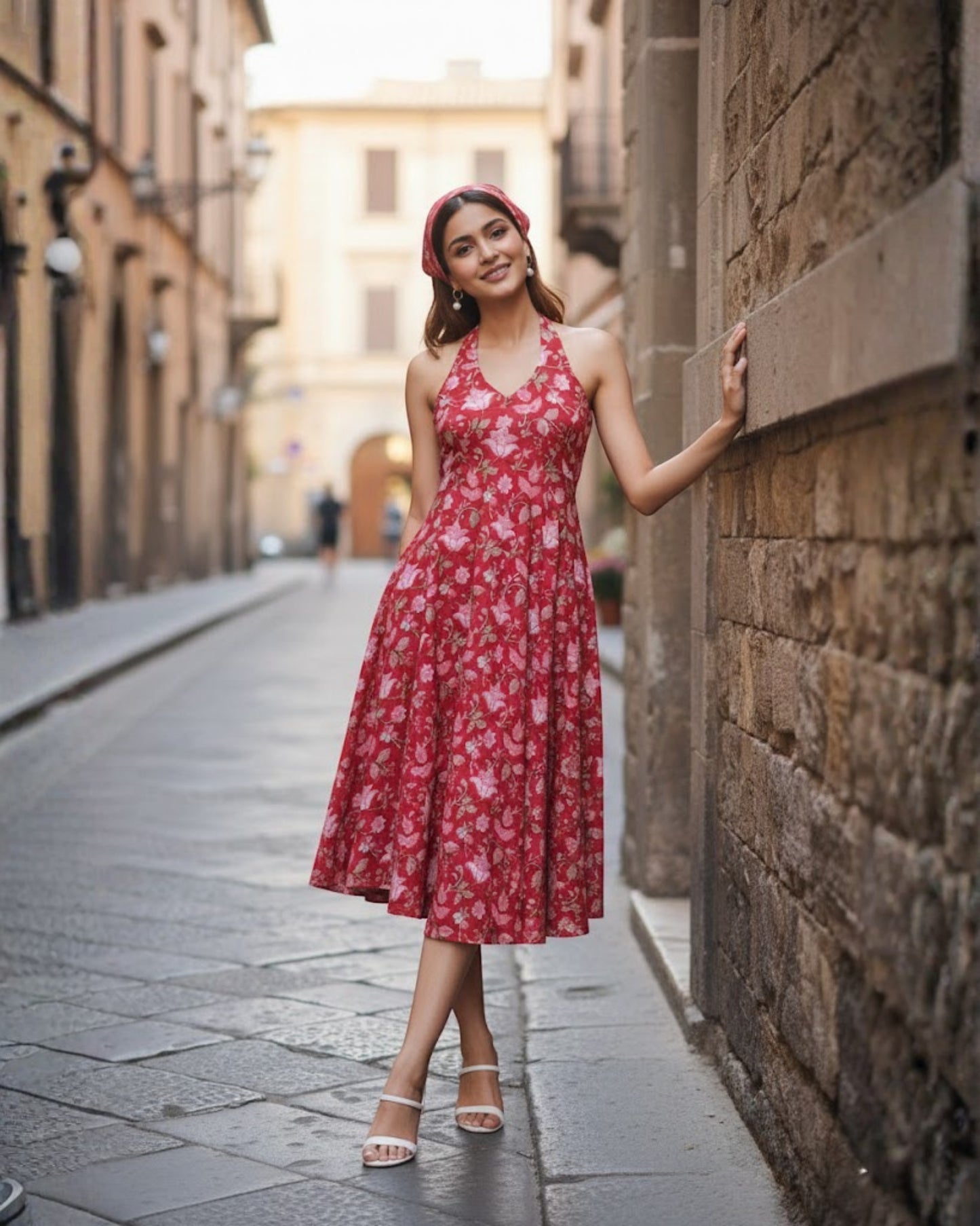 April Red Handblock Floral Print Cotton Midi Dress