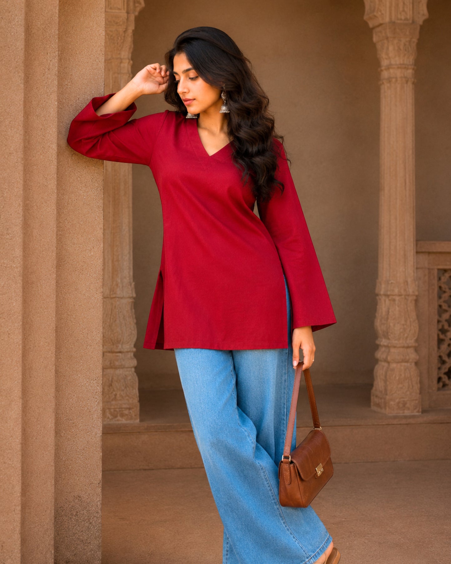 Emma Red Cotton Sleeved Short Kurti