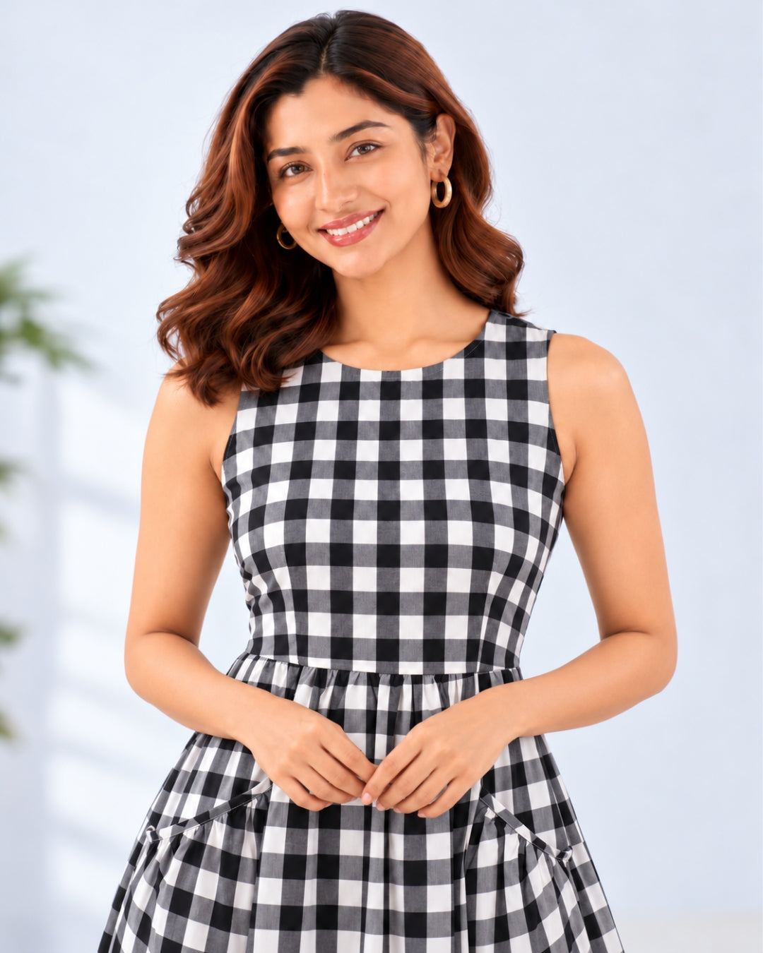 Arya Checkered Black Cotton Midi Dress