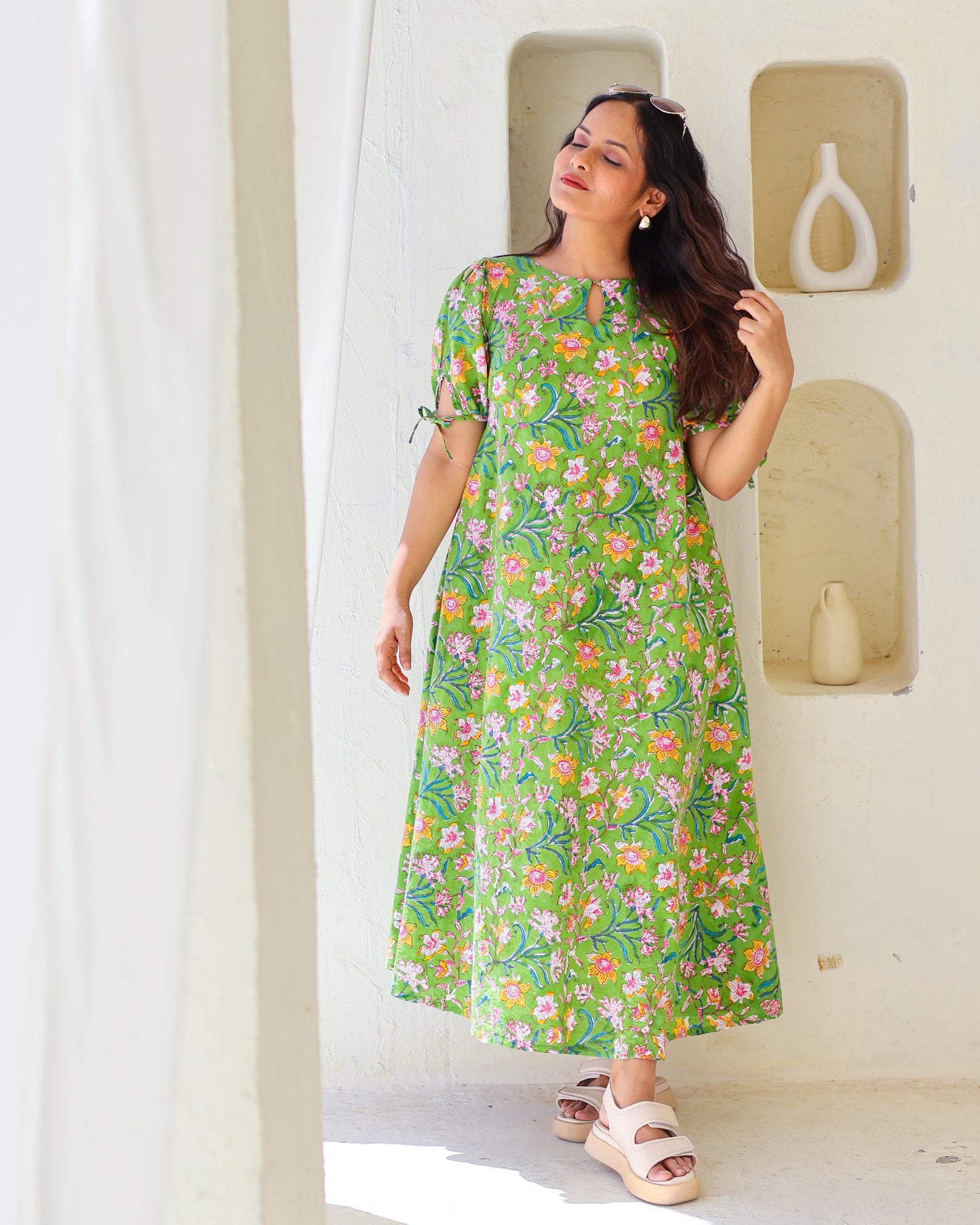 Emily Green Floral HandBlock Print Circular Cut Maxi Dress