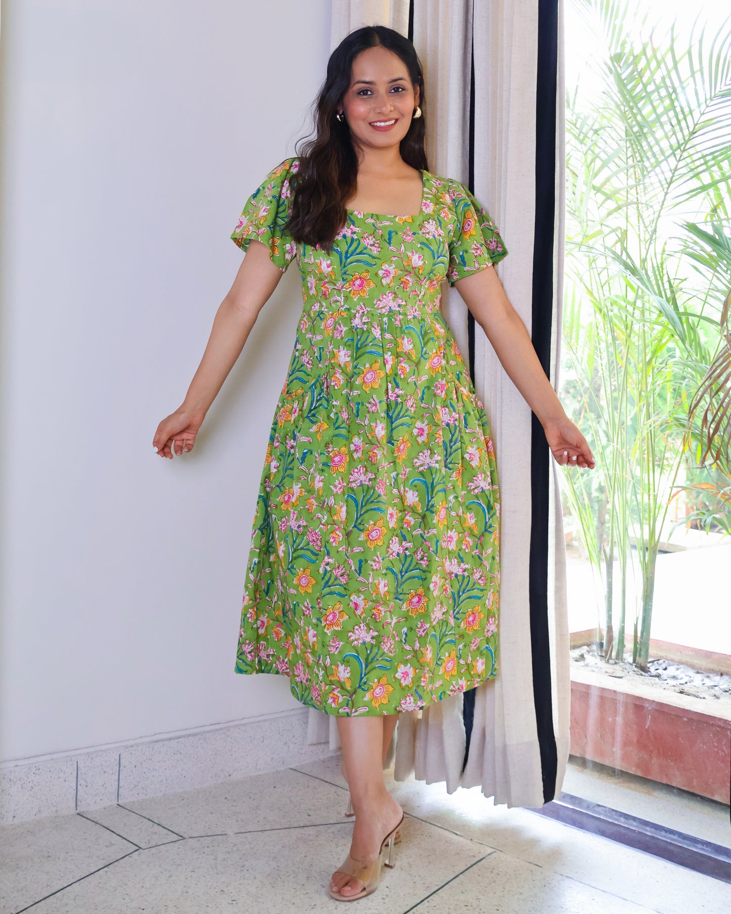 Emily Floral HandBlock Print Cotton Midi Dress