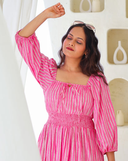Sydney Pink Striped Cotton Tiered Midi Dress