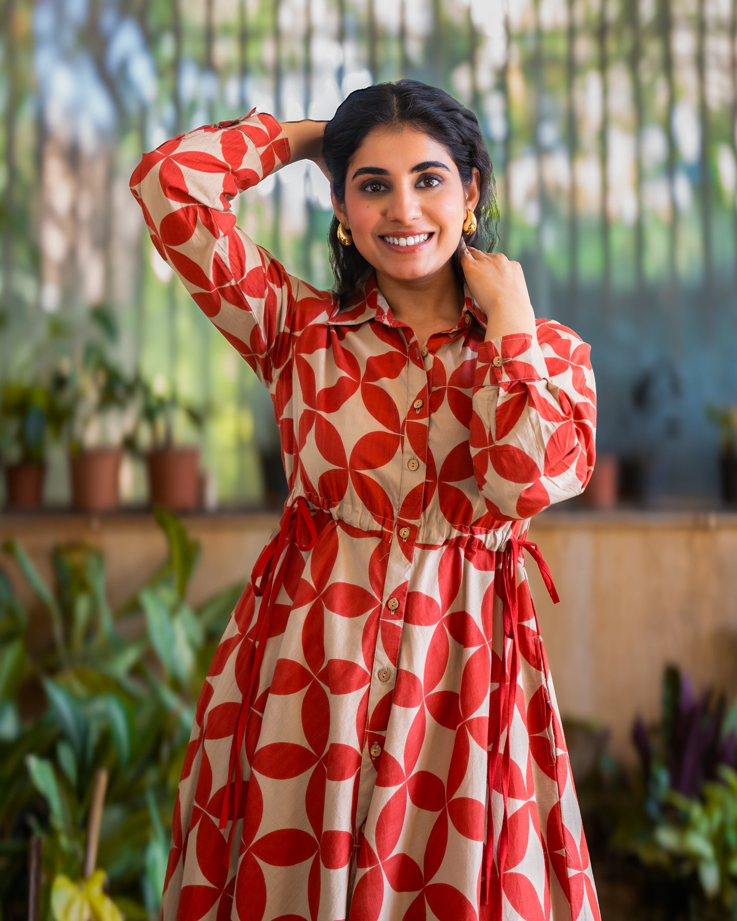 Blair Red Button-down Circular Midi Dress