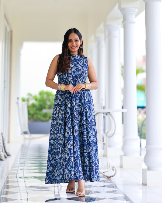 Kavya Blue Ikat Print Cotton Maxi Dress