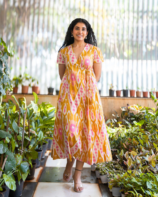 Bay Yellow Ikat Print Cotton Wrap Dress