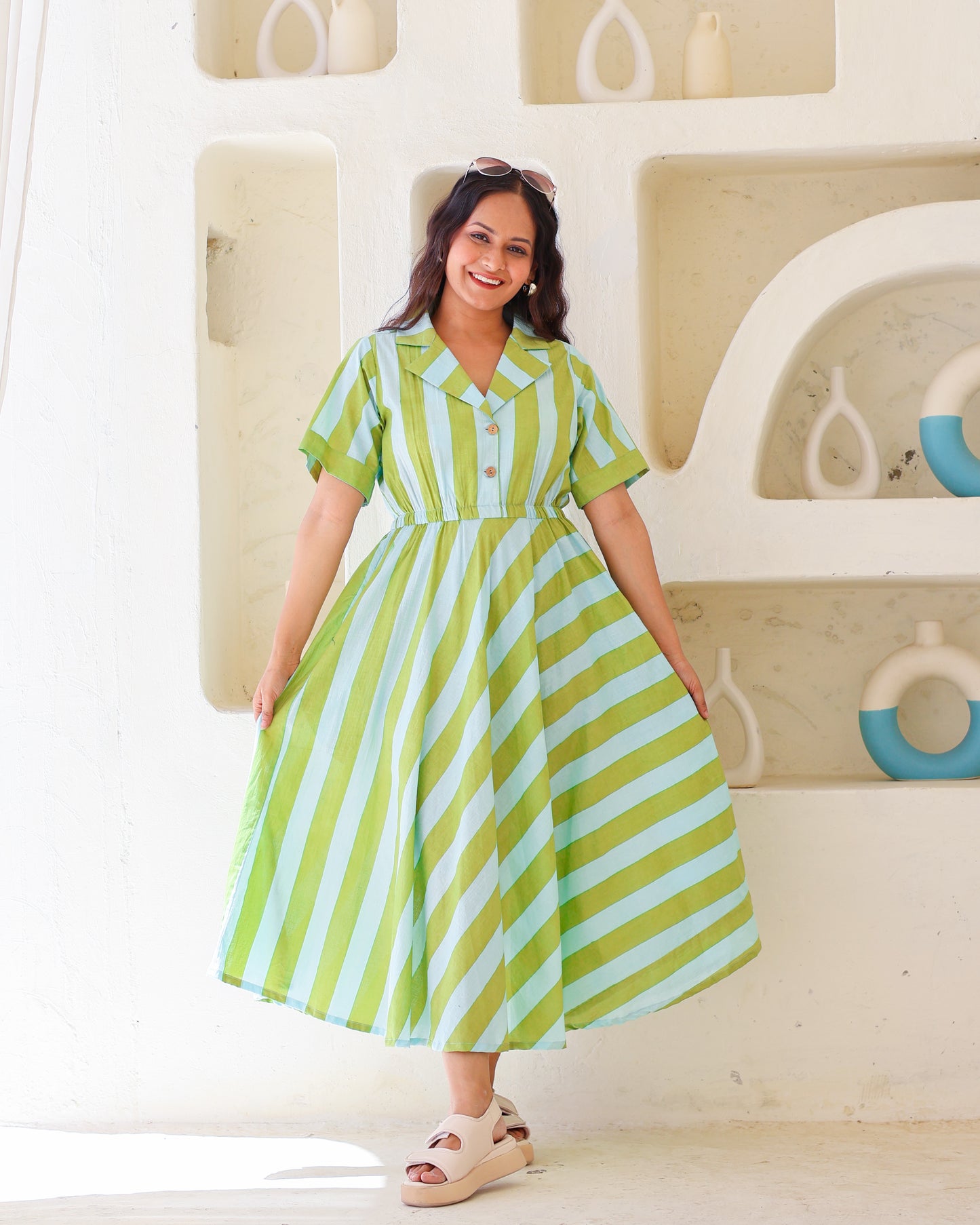 Taylor Green Blue Stripes Print Circular Cotton Midi Dress