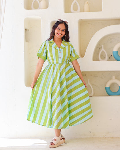 Taylor Green Blue Stripes Print Circular Cotton Midi Dress