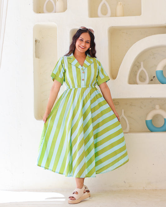 Taylor Green Blue Stripes Print Circular Cotton Midi Dress