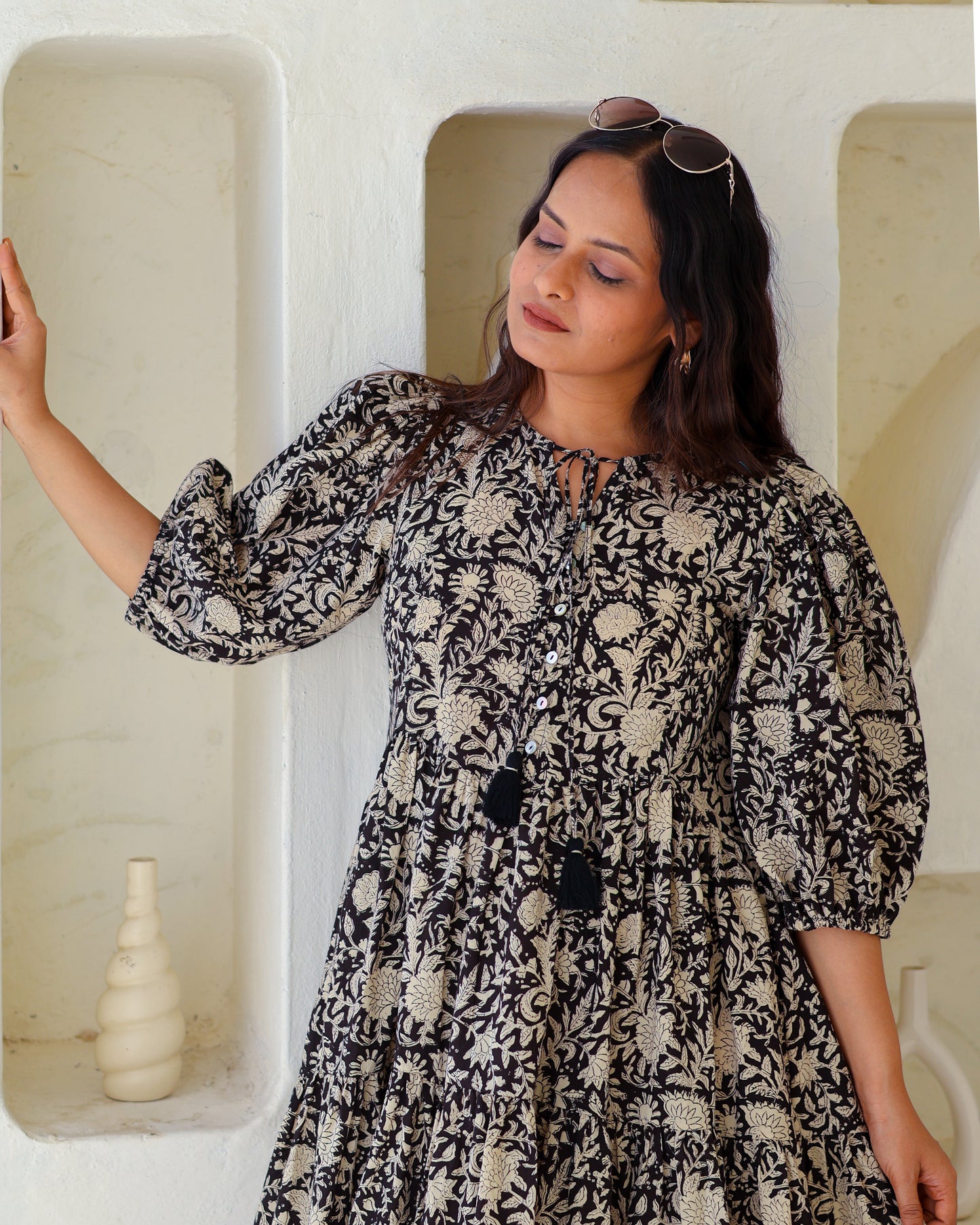Vivian Black Puff Sleeves HandBlock Print Cotton Short Dress