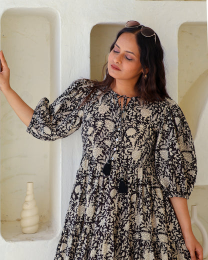 Vivian Black Puff Sleeves HandBlock Print Cotton Short Dress