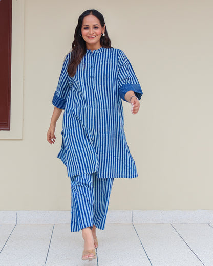 June Indigo Dabu HandBlock Stripes Print Cotton Kurta Set
