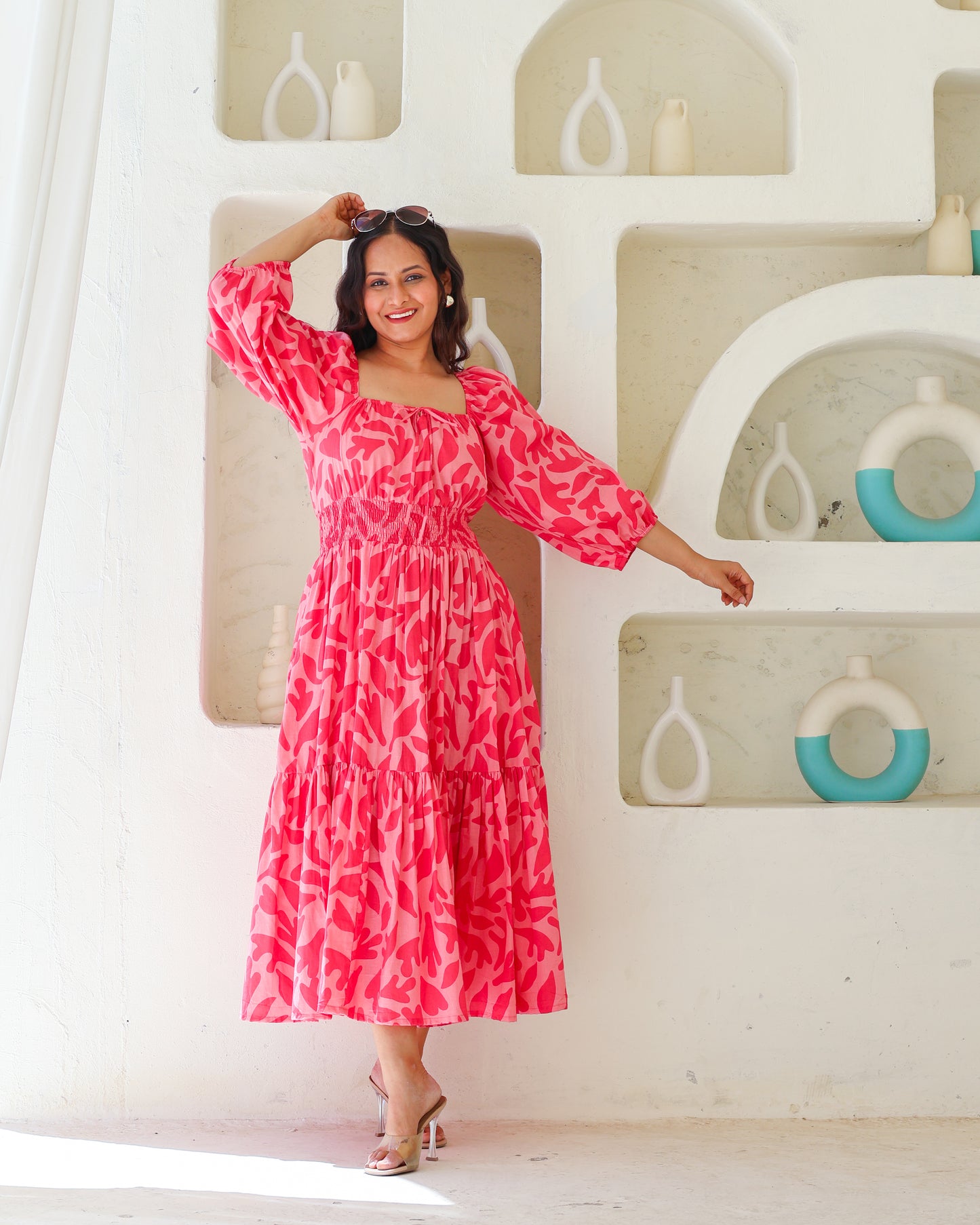 Jules Pink Cotton Tiered Midi Dress