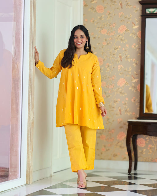 Kesar Yellow Cotton Lurex Short Kurta Set