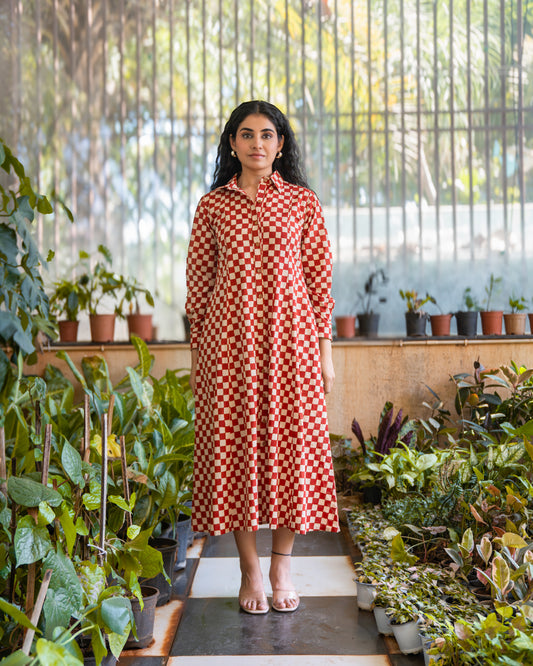 Lumi HandBlock Checkered Print Midi Shirt Dress