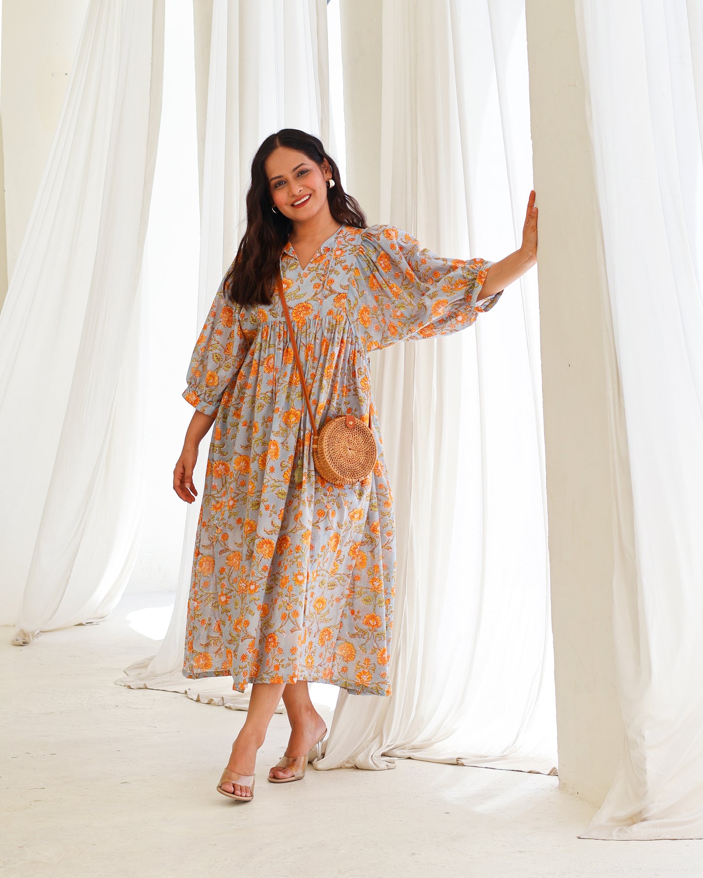 Rachel Mul Cotton HandBlock Print Midi Dress