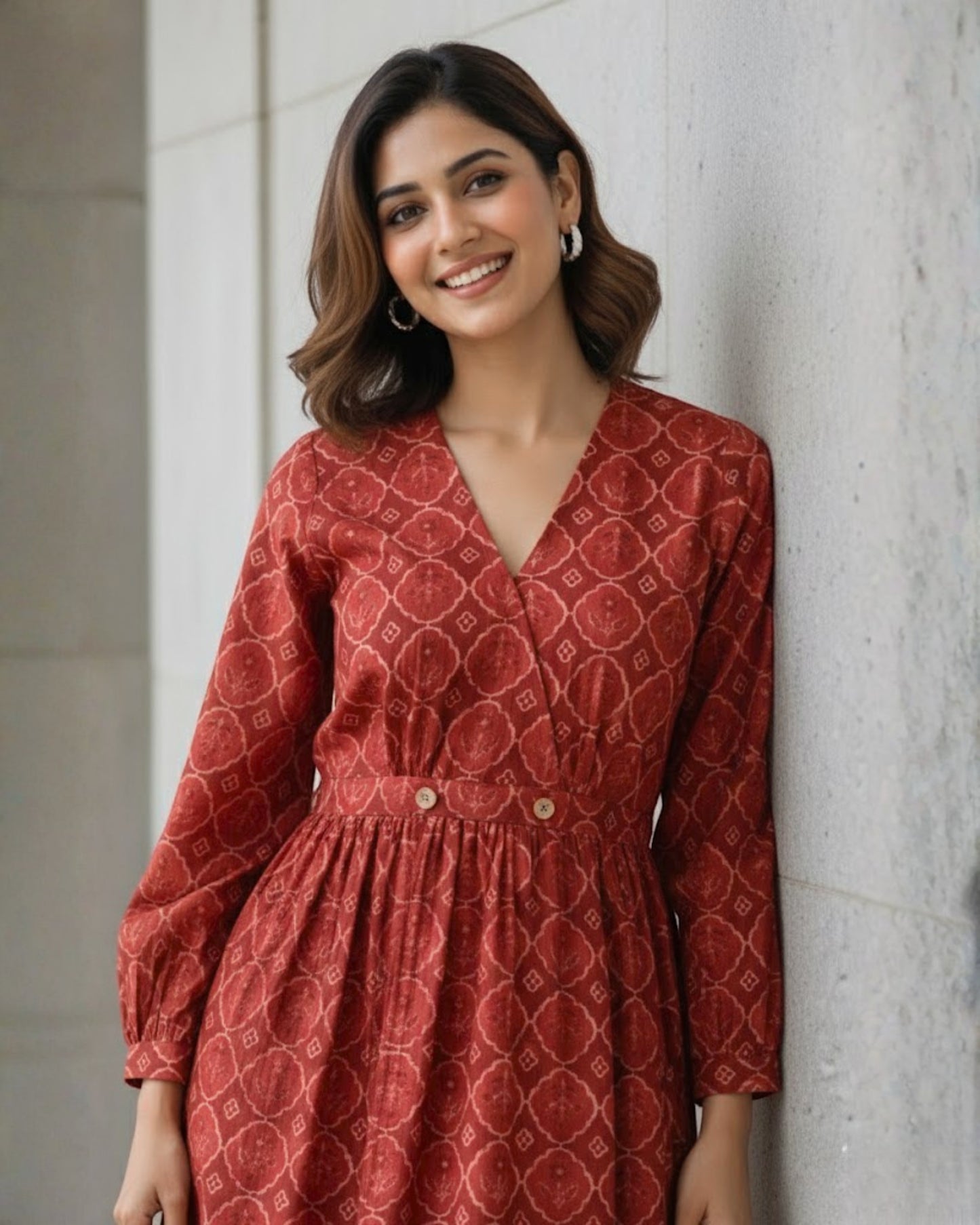 Hailey Red Fit and Flare Cotton Wrap Dress