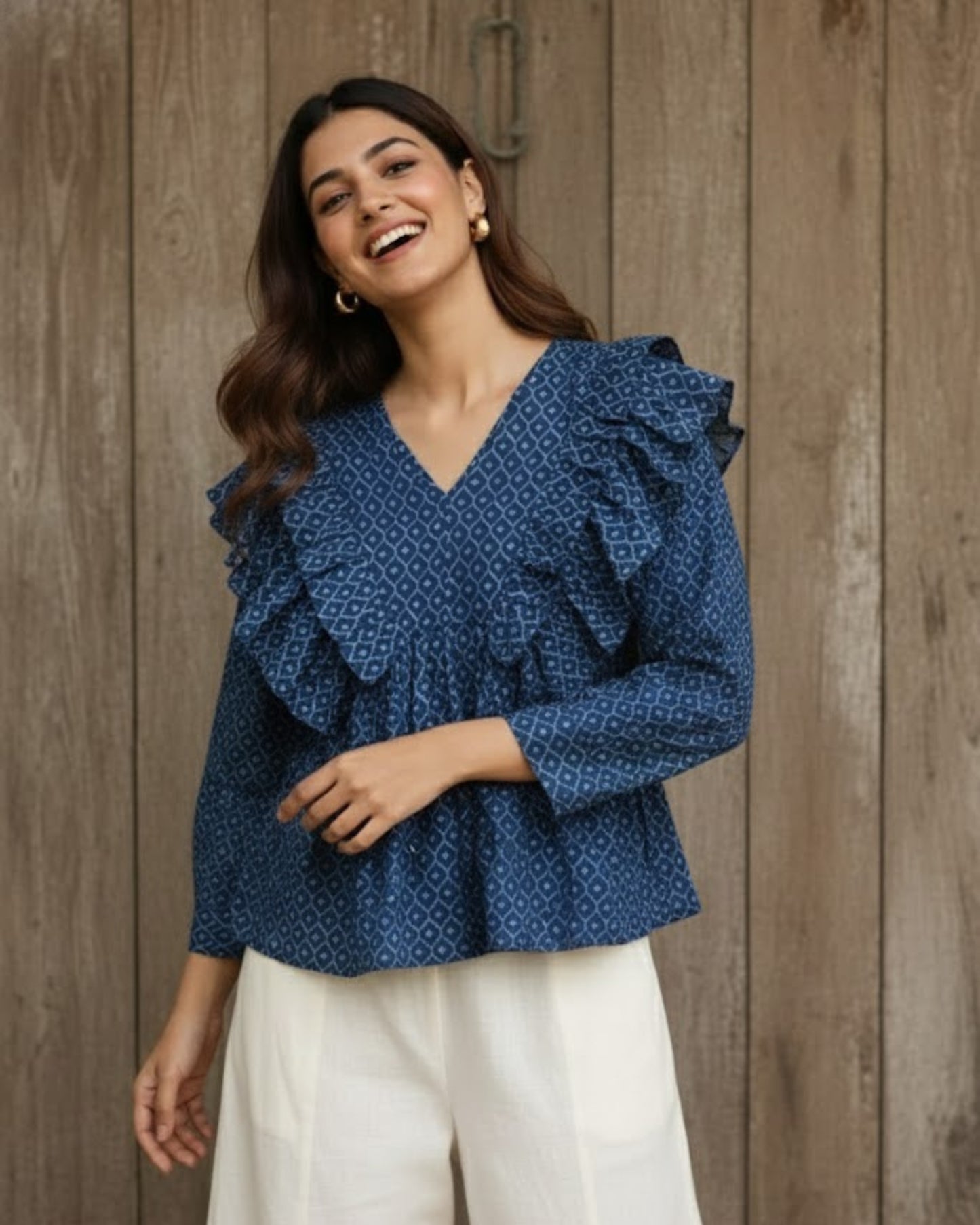 Raha Blue frilled Cotton Top