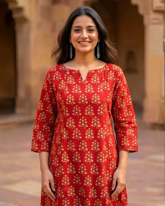 Naina Red HandBlock Printed kurta