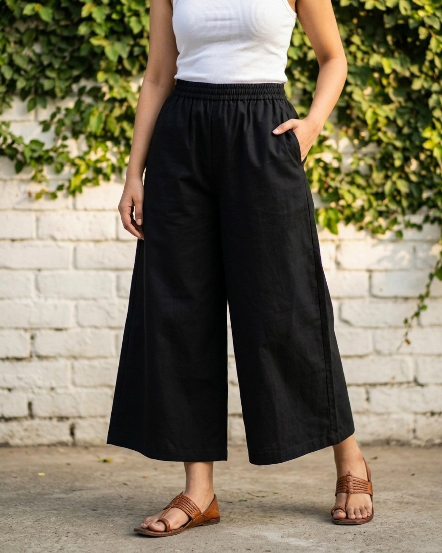 Black Cotton Flared Cropped Pants