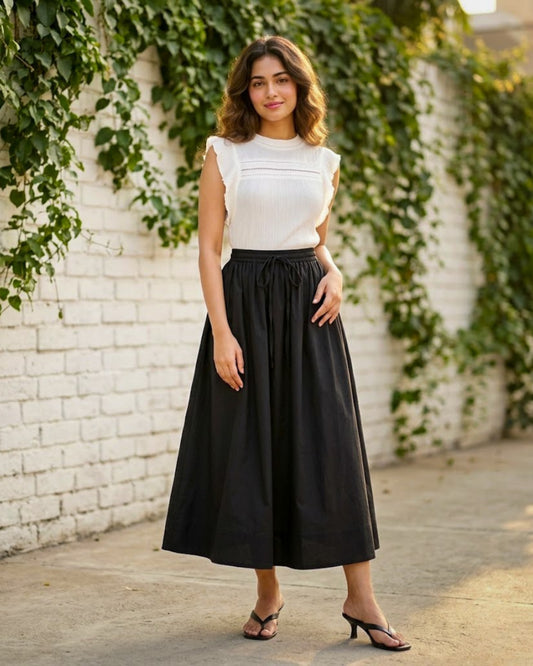 Black Cotton High-Waist Skirt