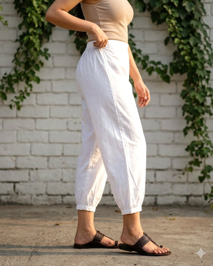 White Cotton Gathered Pants