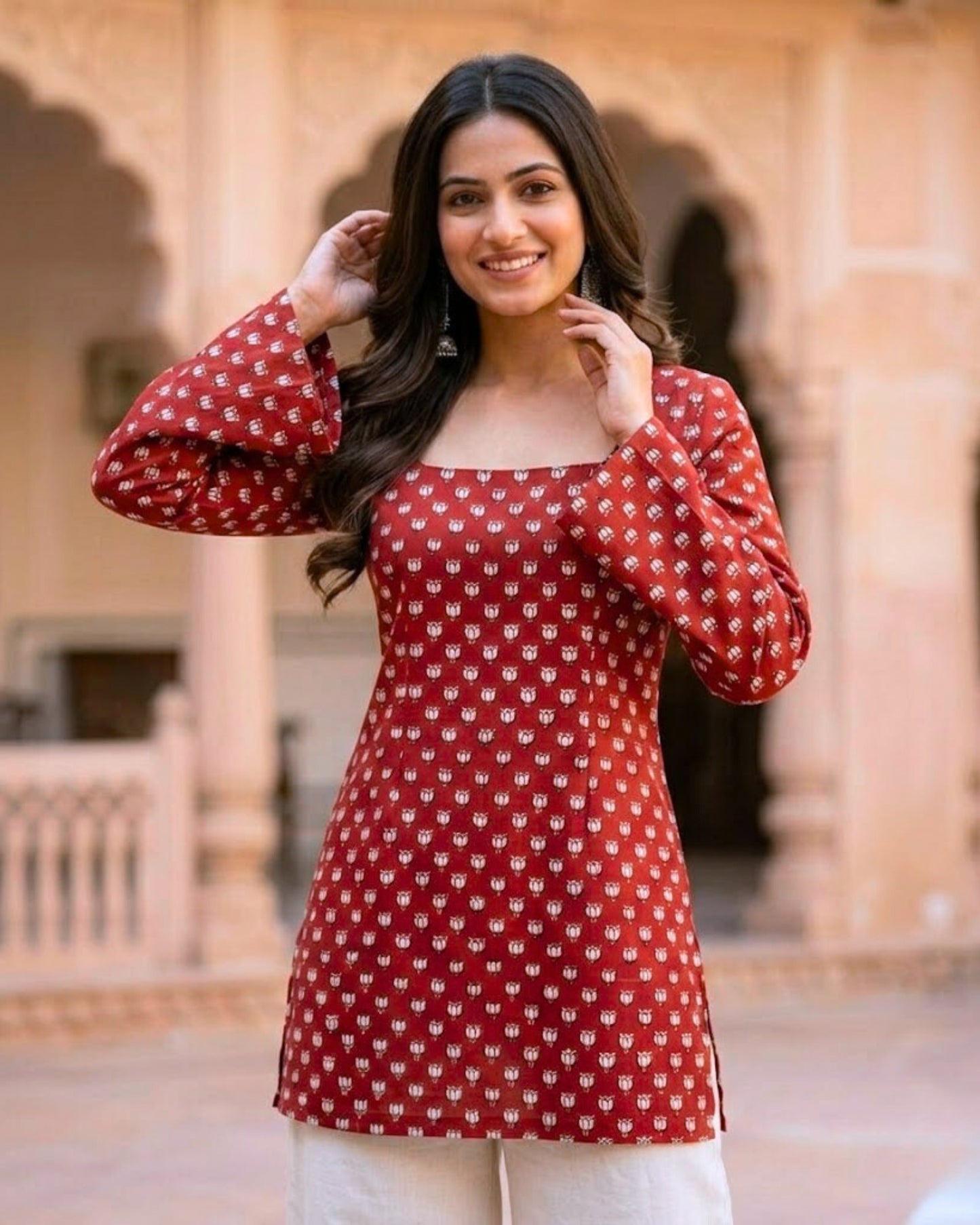 Tia Red HandBlock Print Sleeved Short Kurti