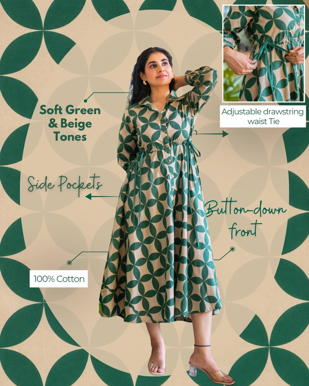 Blair Green Button-down Circular Midi Dress