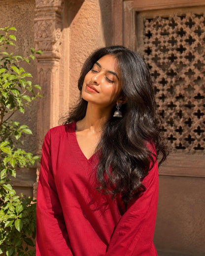 Emma Red Cotton Sleeved Short Kurti