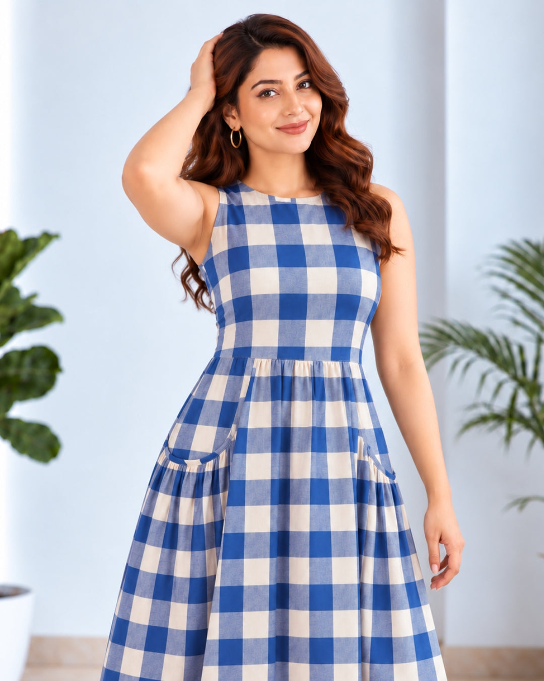 Thea Checkered Black Cotton Midi Dress