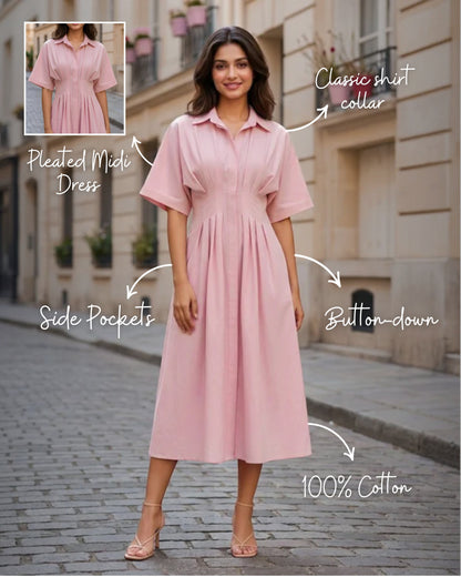 Zara Pink Pleated Pure Cotton Midi Dress