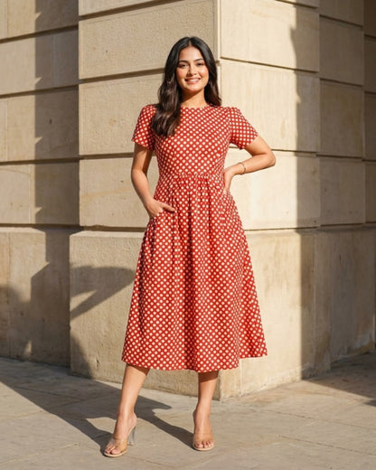 Sarah Red Polka Bagru HandBlock Print Midi Dress