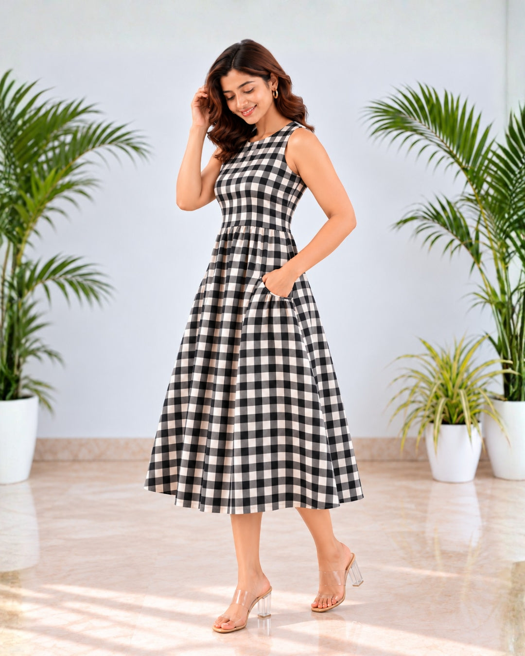 Arya Checkered Black Cotton Midi Dress