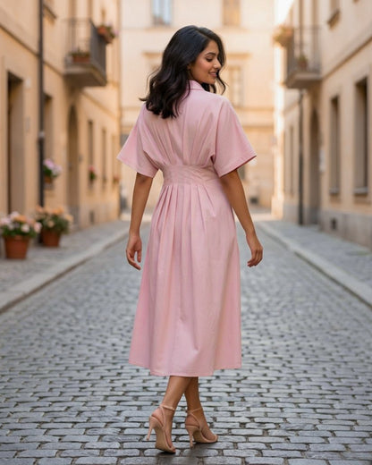 Zara Pink Pleated Pure Cotton Midi Dress