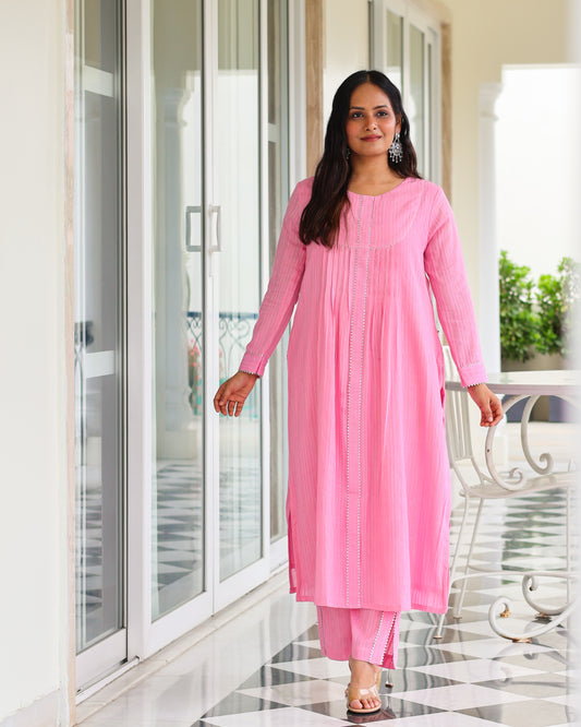 Harleen Pink Cotton Lurex Straight Kurta Set