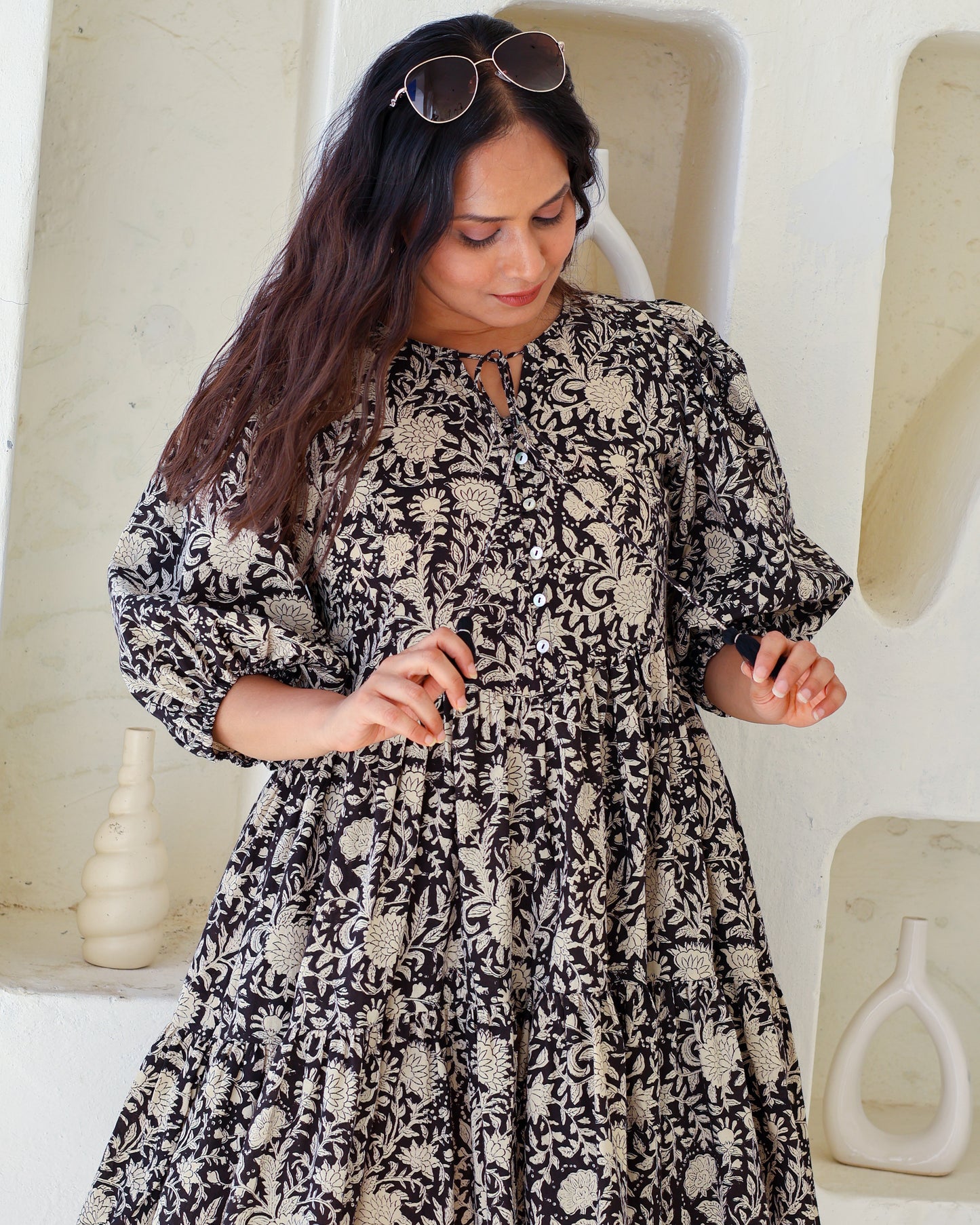 Vivian Black Puff Sleeves HandBlock Print Cotton Short Dress