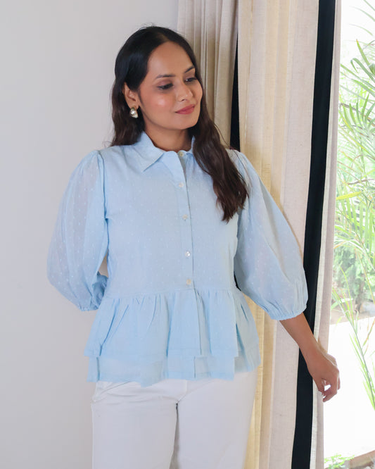 Angelina Collared Peplum Textured Cotton Top