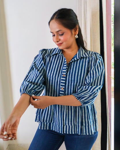 June Indigo Striped HandBlock Print Collared Peplum Cotton Top