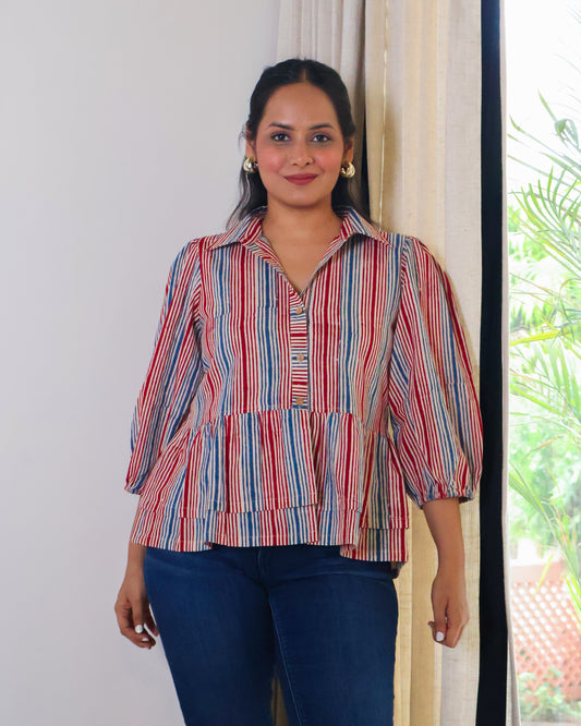 Faith Striped HandBlock Print Collared Peplum Cotton Top