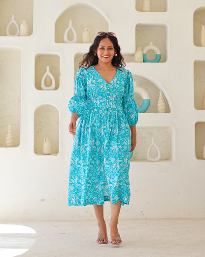 Bella Blue Fit-and-Flare Cotton Midi Dress
