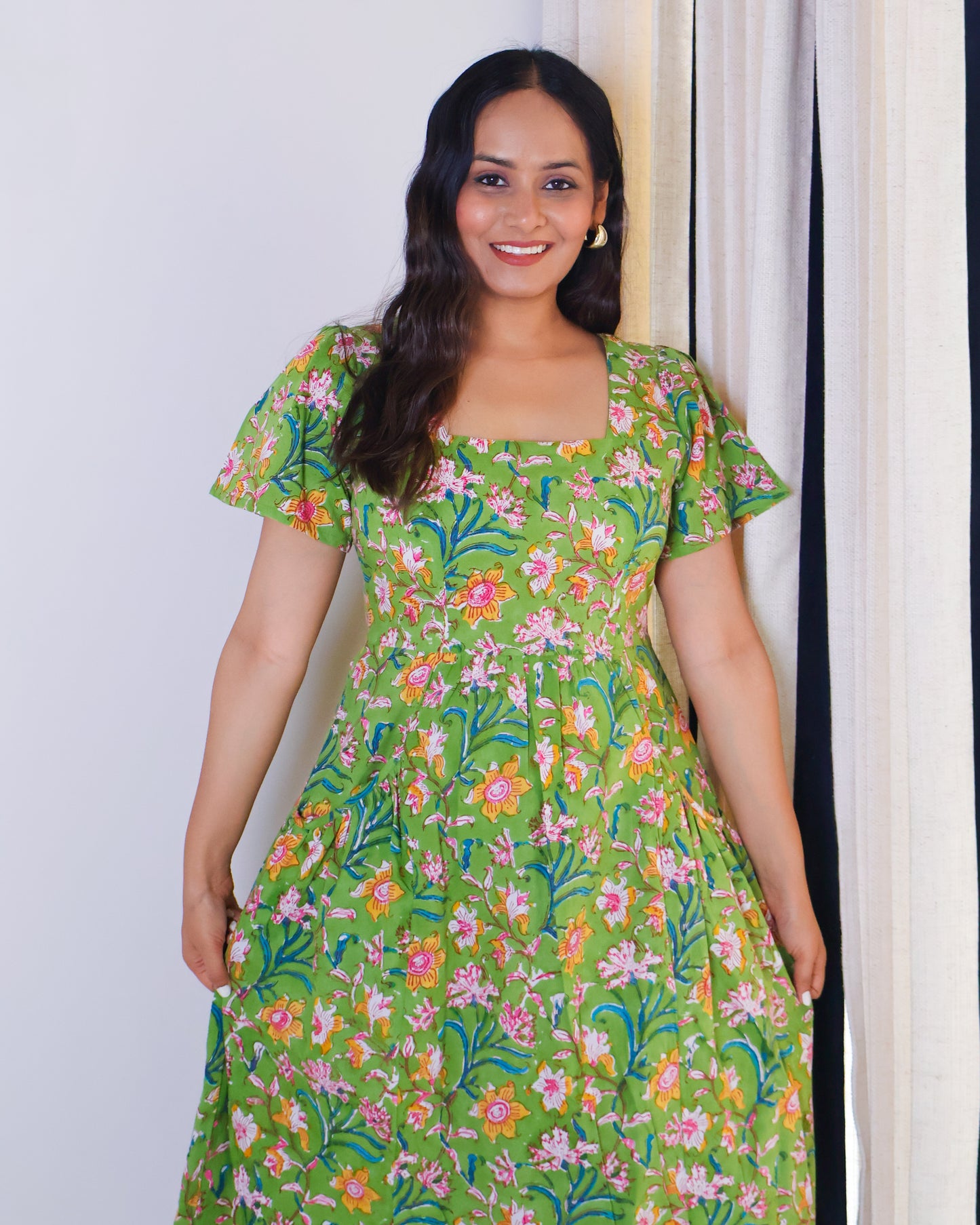Emily Floral HandBlock Print Cotton Midi Dress