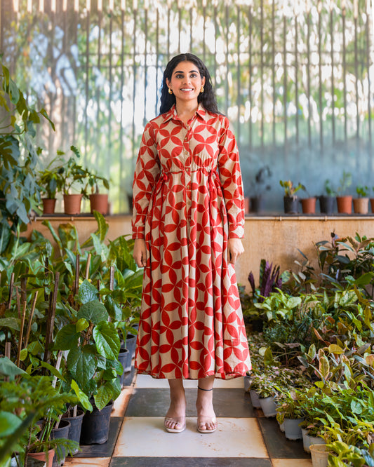 Blair Red Button-down Circular Midi Dress