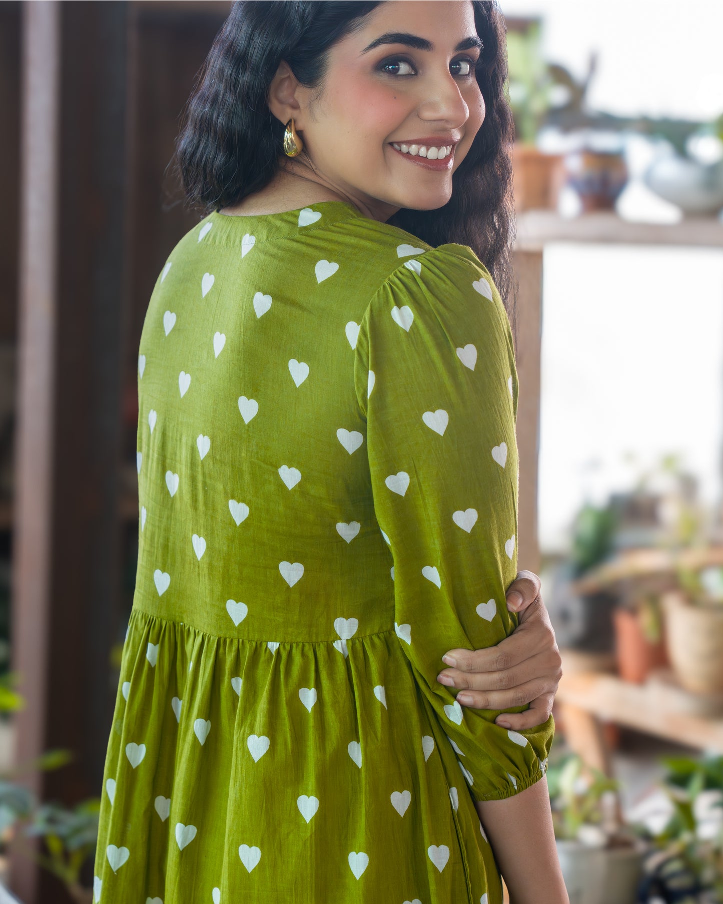 May Green Gathered Cotton Midi Dress