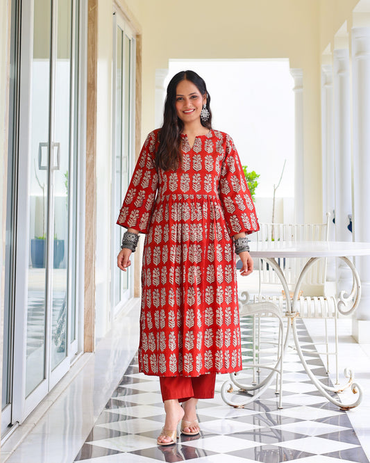 Piku Red HandBlock Bagru Print Cotton Kurta Set