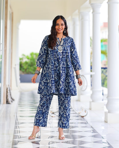 Kavya Blue Ikat Print Short Cotton Kurta Set