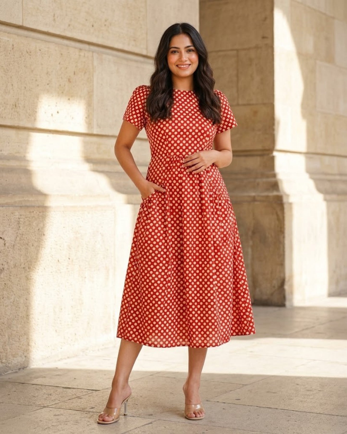 Sarah Red Polka Bagru HandBlock Print Midi Dress