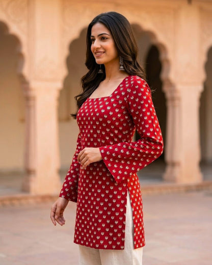 Tia Red HandBlock Print Sleeved Short Kurti