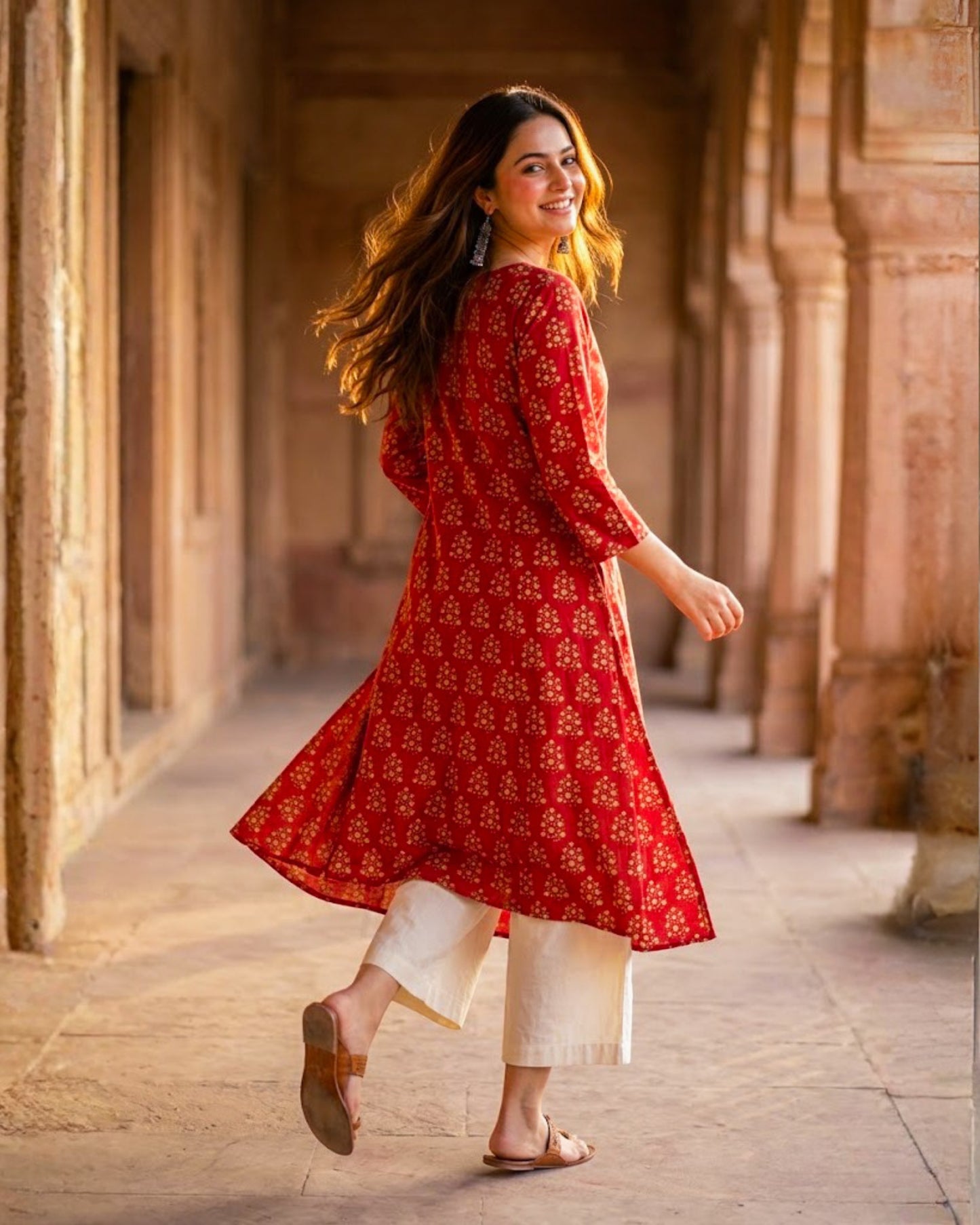 Naina Red HandBlock Printed kurta