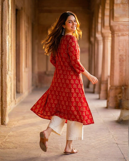 Naina Red HandBlock Printed kurta