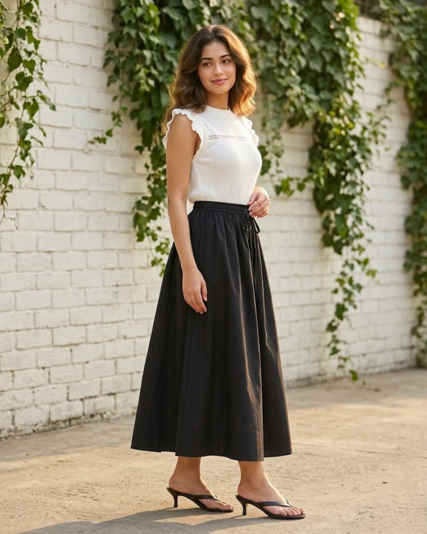 Black Cotton High-Waist Skirt